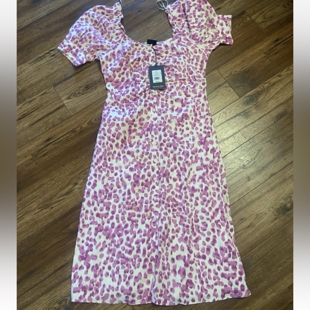 NWT leopard Linen Blend Puff Short Sleeve Dress Who What Wear Medium Midi purple